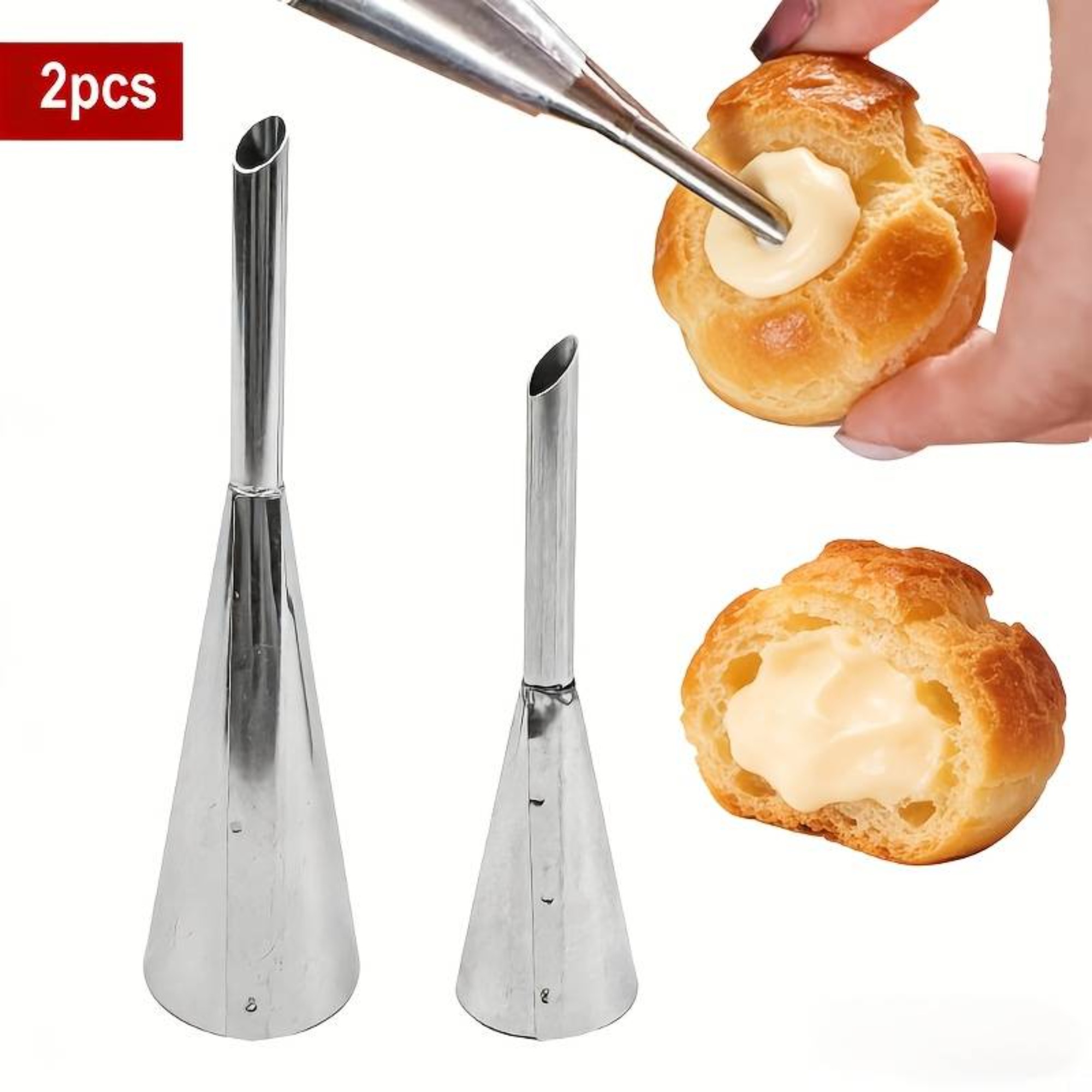 TEMU 2pcs Easy-squeeze Cream Piping Nozzles, Stainless Steel Donut Filling Tips, Suitable For Pastries, Cupcakes, Cream , Donuts, Etc., Cake