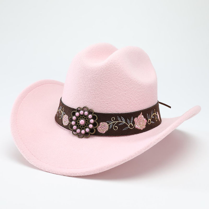TEMU 1pc Women's Felt Western Hat, Pink Turquoise Belt Trim, Floral Applique, Party Birthday Gift