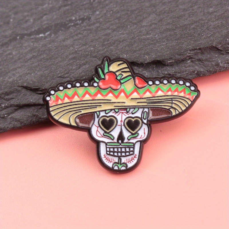Mexican Folk Skull Hat Enamel Badge| Heart-shaped Eyes & Tri-color Feathers Lapel Badge | Cultural Mystery Statement Piece | Daily Wear & Boho Chic Accessory