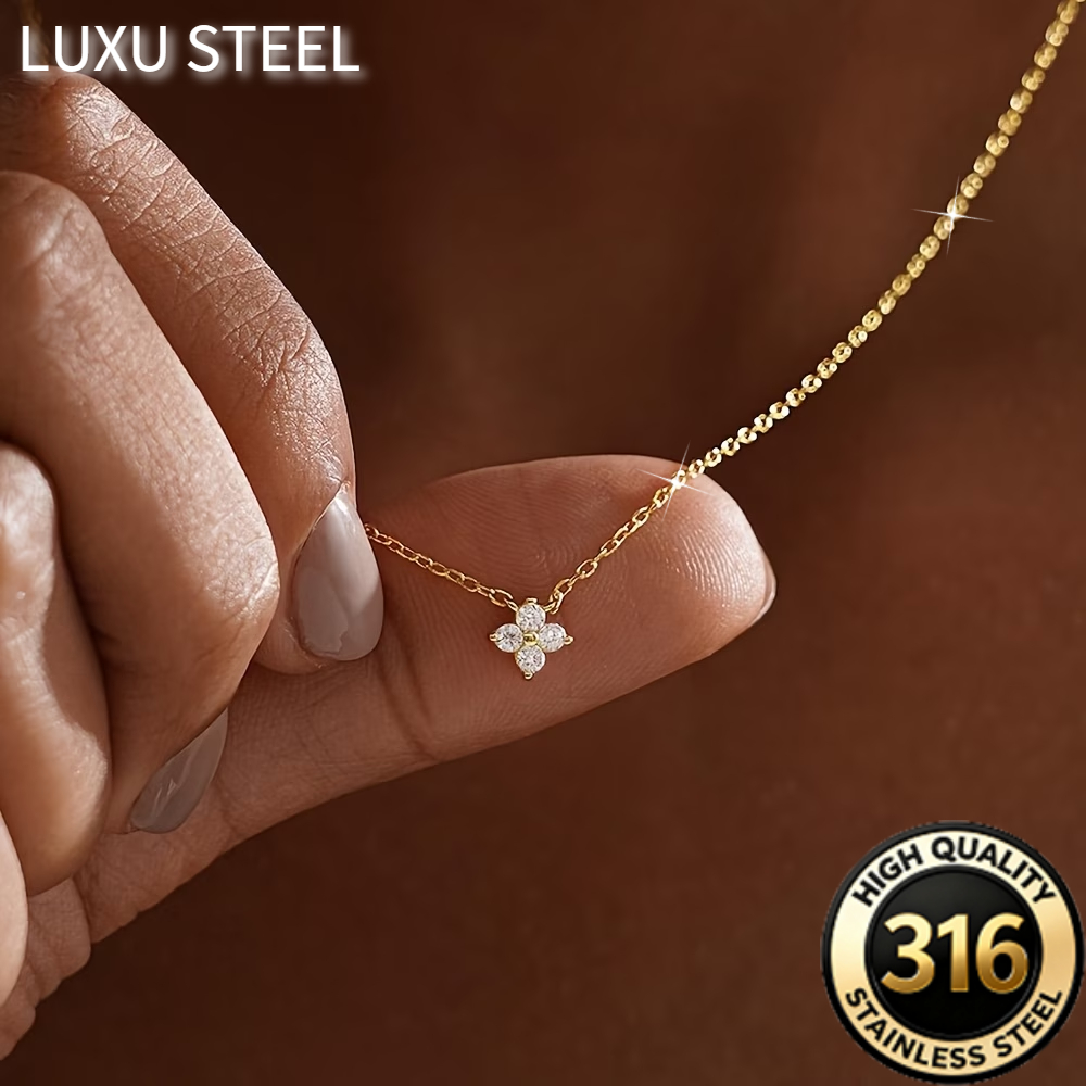 TEMU Dainty Clover Zirconia Pendant Necklace For Women, 316l Stainless Steel Kc Golden Plated Tiny Four-petal Flower Chain, Waterproof Hypoallergenic