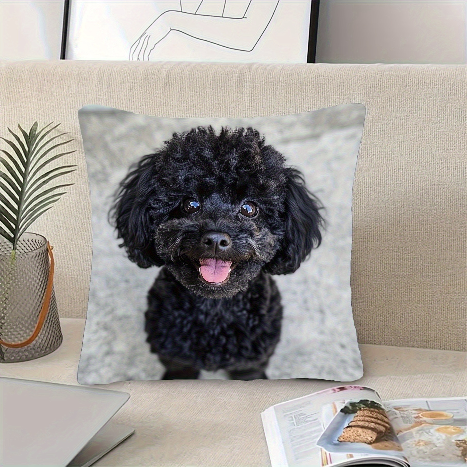 TEMU 1pc Cute Black Poodle Dog Print Pillowcase Suitable For Living Room, Sofa, - Soft Polyester Zipper Closure Pillow Cover With Poodle, Machine
