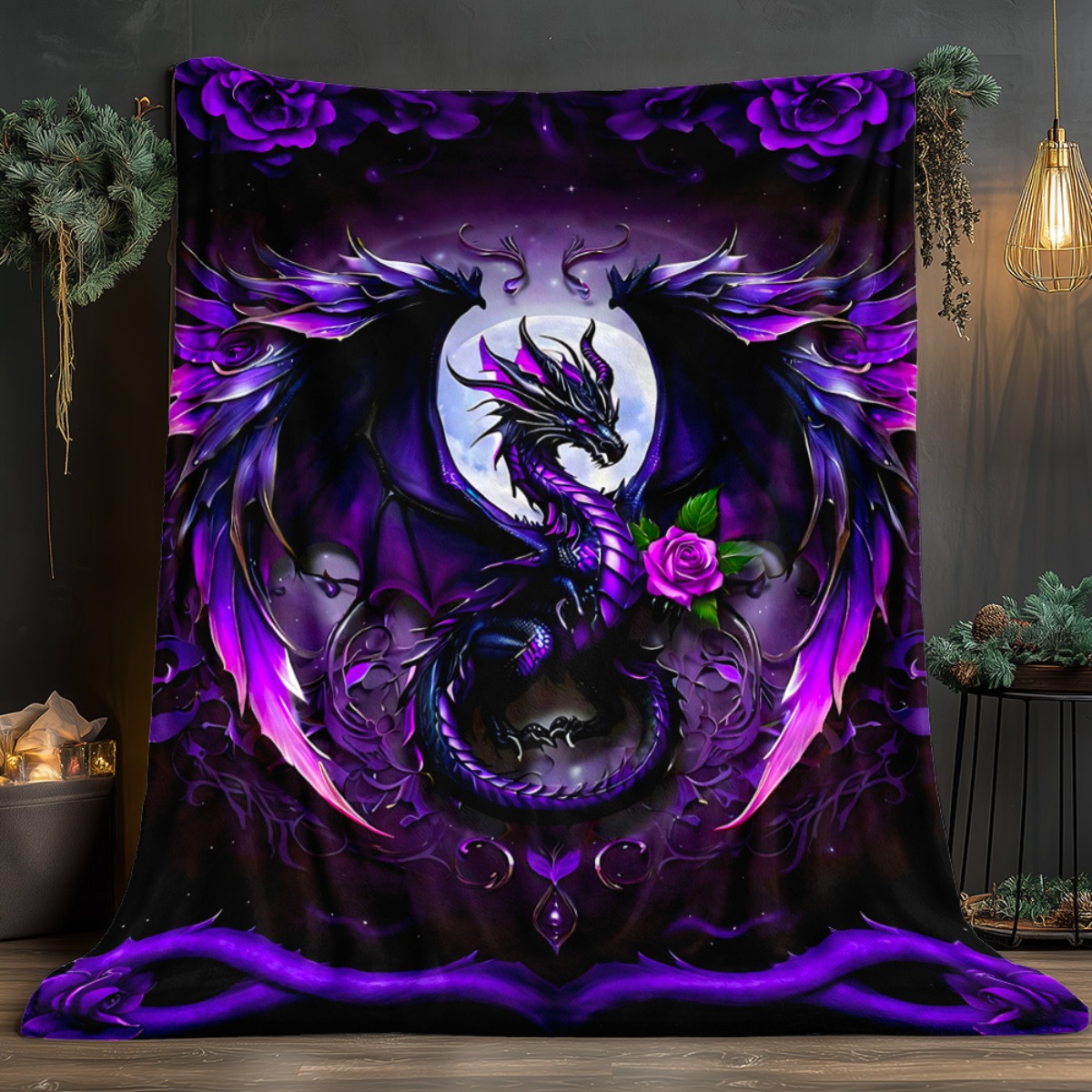 TEMU 1pc Heavyweight 250gsm Dragon Pattern Flannel Blanket - Deep Purple And Black Dragon Scales With White Roses And Chinese Dragon Design, Soft And