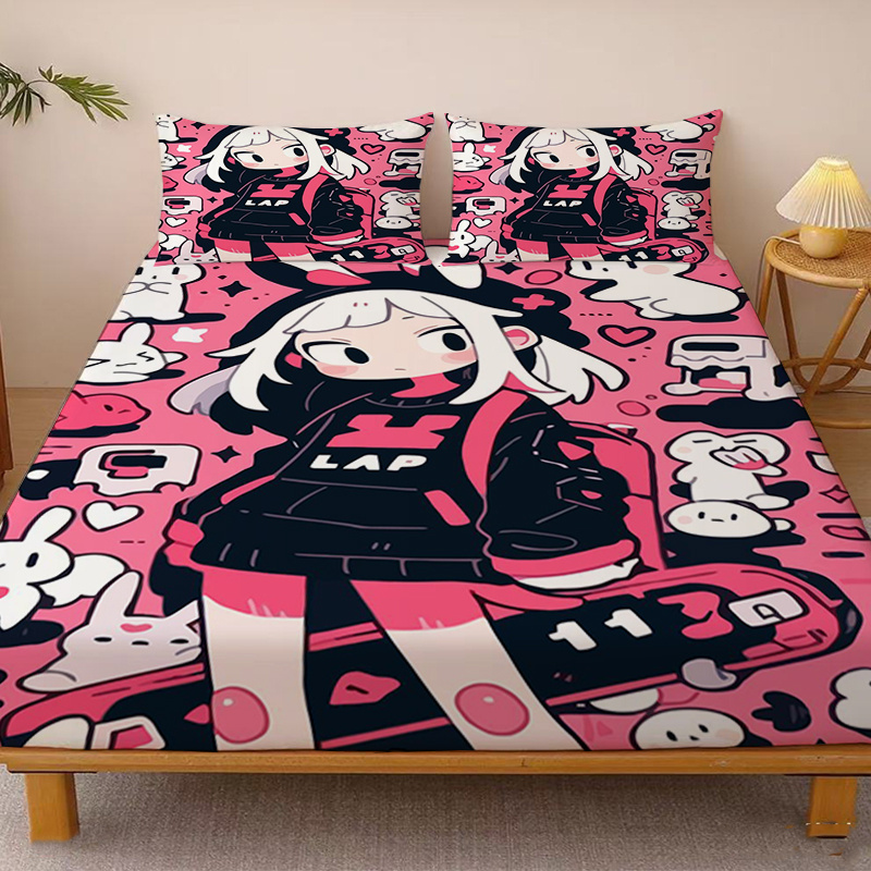 Anime Girl Bed Sheets Queen Size - Gothic 3D Japanese Print Fitted Sheet Set With Pillowcases