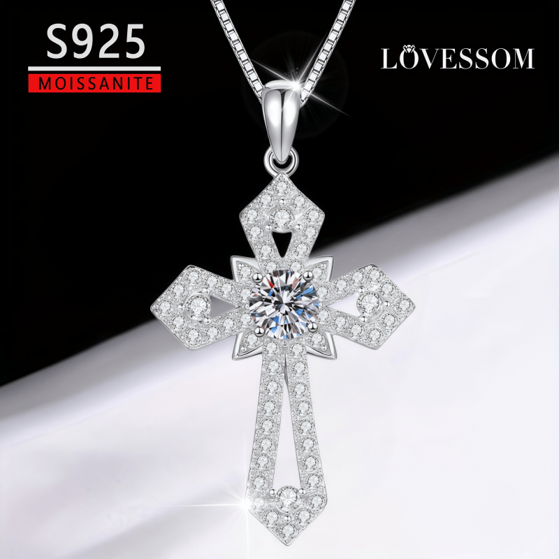 925 Silver Moissanite Cross Pendant Necklace, Meaningful Gift