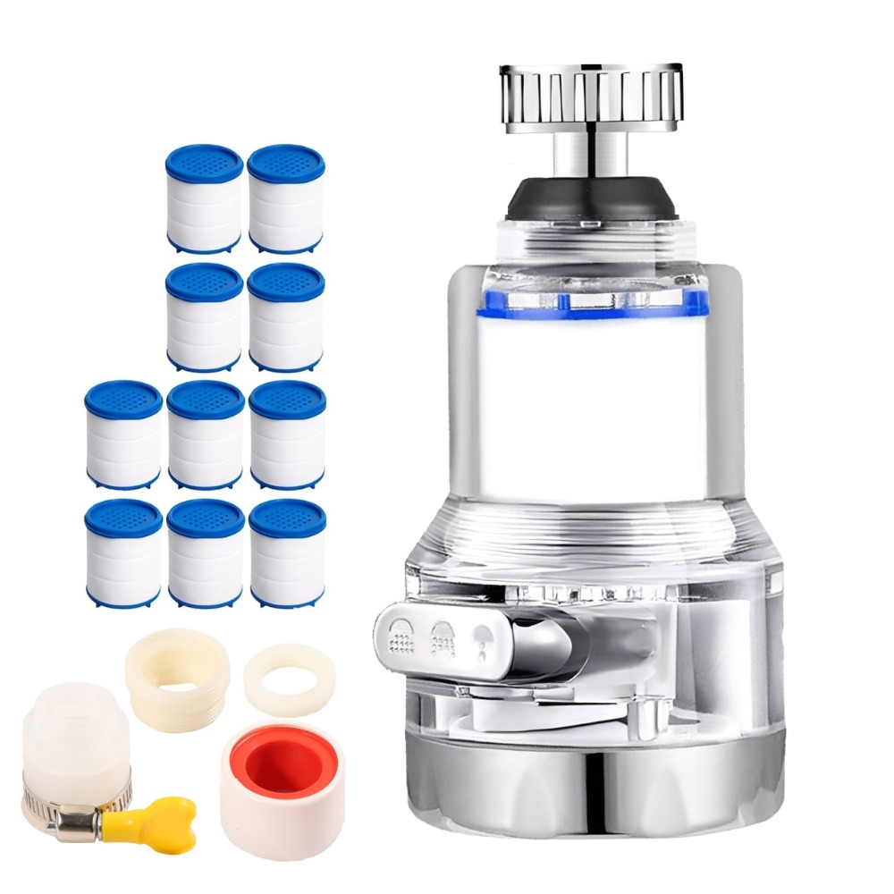 Image of 360-degree Rotating Tap Filter With 10 Replacement Cartridges And Universal Attachments - Powerful Filtration, And Cleaning, For Kitchen Applications