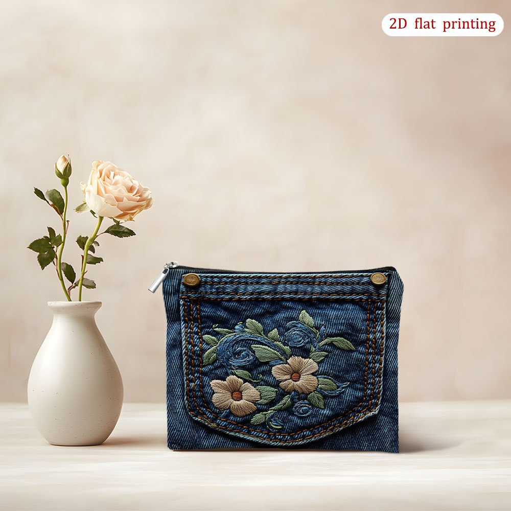TEMU [2d Flat Print] 1pc Floral Makeup Bag - , Zipper Closure, Hand Washable - Suitable For Women - Ideal For Travel And Daily Use - An Gift For Fashionistas