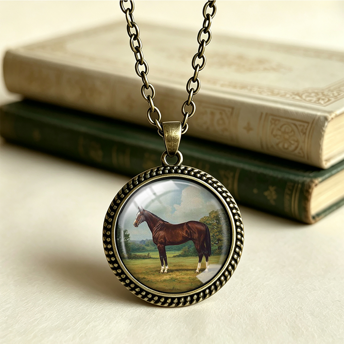 TEMU 1pc Vintage Equestrian Horse Pendant Necklace - 25mm Glass Round Scalloped Suitable For Daily Wear & Gift, Brown On Print, Horse-themed Jewelry