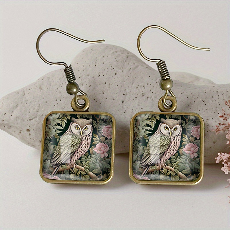 TEMU 1 Pair Owl Painting Square Earring Retro Glass Dangle Earrings Handmade Jewelry Gift