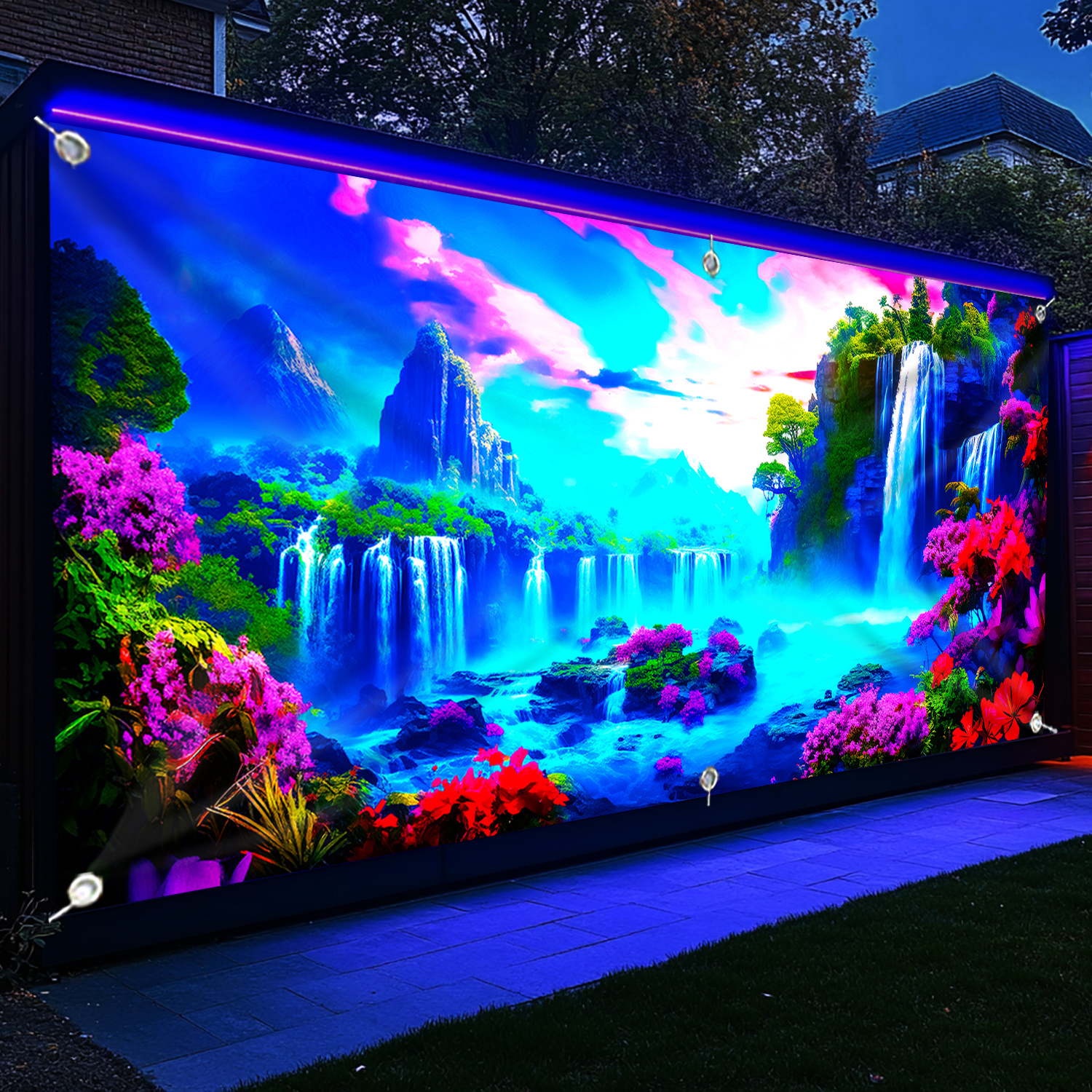 [1pc UV Floral Banner] 1pc Large UV-Activated Floral Waterfall Garage Door Banner | Fluorescent Fabric Wall Decor with Vibrant Nature & Landscape Design | No Power Needed for Parties, Photography Studios, Outdoor Events, Parties Decorations, Party Decoration, Outdoor Festive Decor, Uv Light Display
