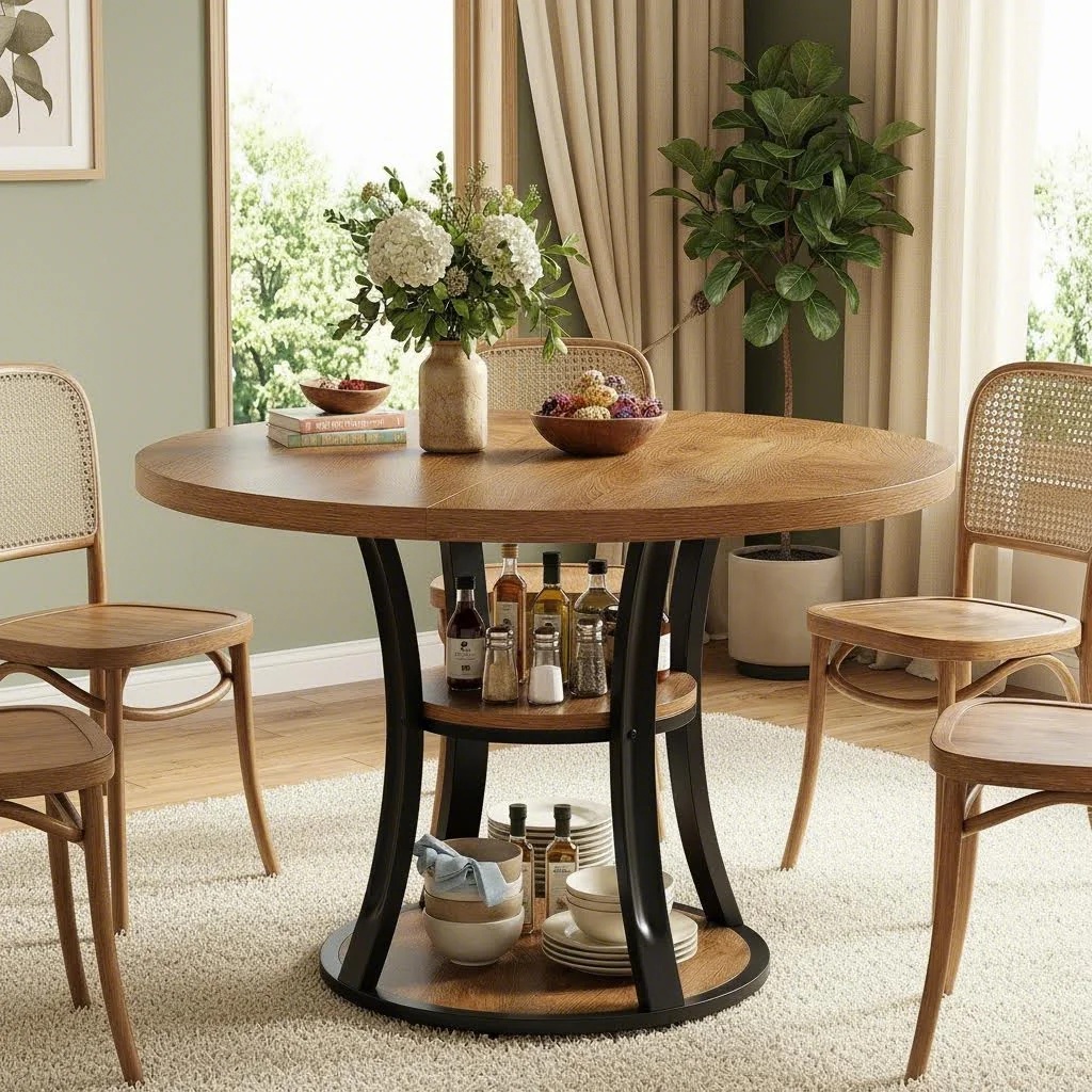 39inch Round Dining Table For 4, 3-tier Farmhouse Kitchen Table With Storage, Round Pedestal Dining Table, Space Dinner Table For Kitchen, Dining Room, Small Space, Brown And Black