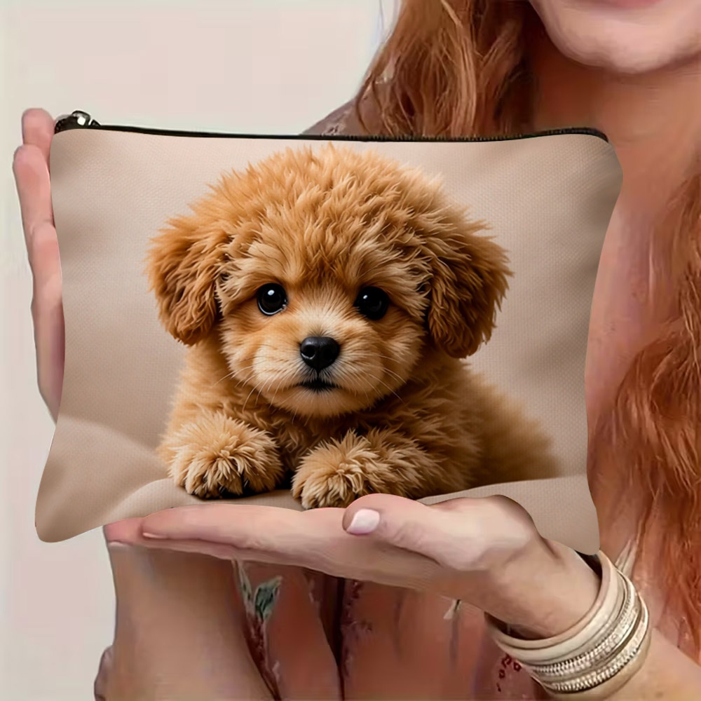 TEMU trousse da trucco con stampa di cucciolo marrone e ricciuto, morbida borsa cosmetica in poliestere che misura 22 cm x 15 cm / 8,7 pollici x 5,9