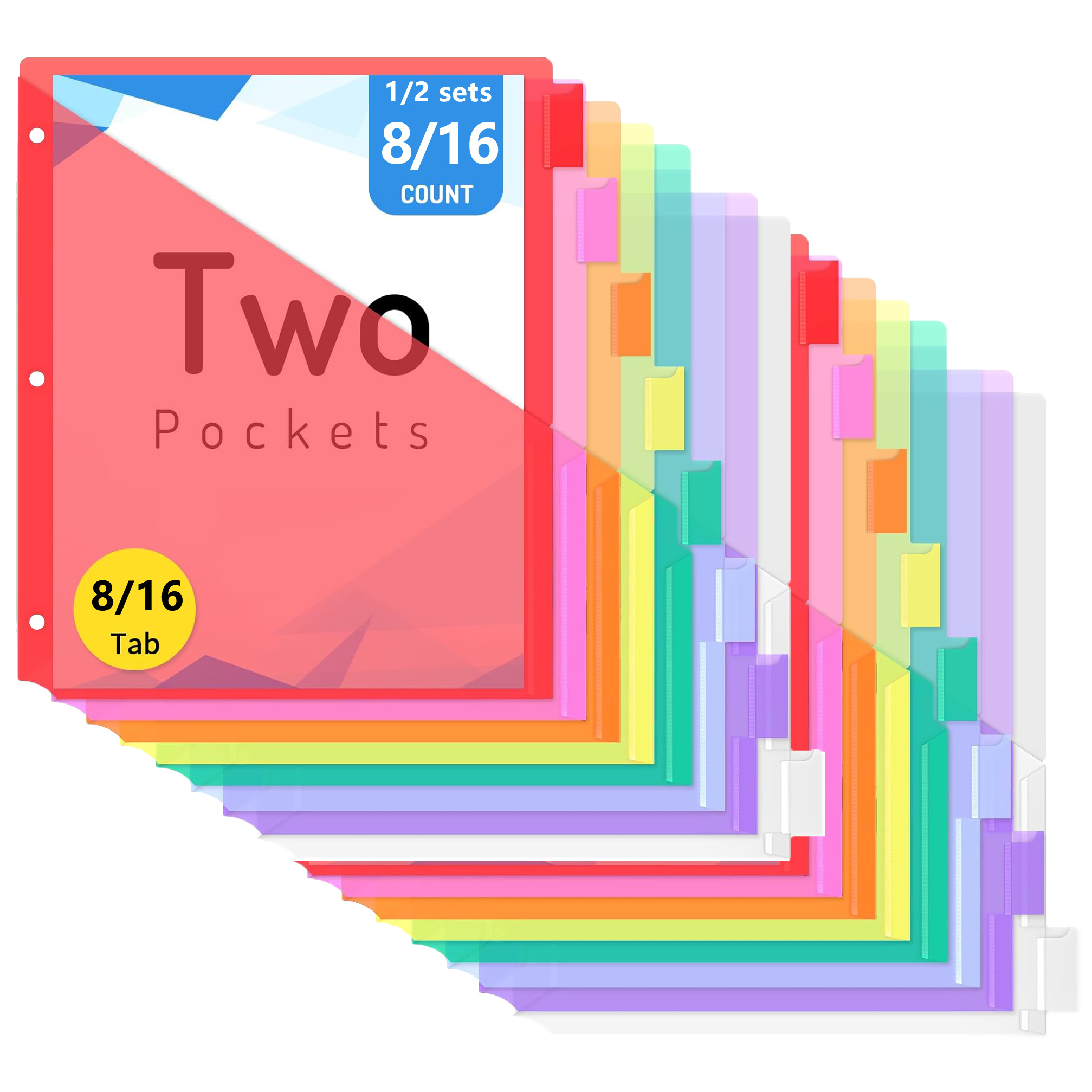 8/16 Count Dividers with Two Pockets, 8/16 tabs Binder Dividers for 3 Ring Binder Organizer, Multicolor, 1/2 Sets, Binder Dividers with Tabs, School Binder Accessories, Document Organization, Multicolor Tabs, Organized Layout,  , Reinforced Pockets, Plastic Dividers, Tab Dividers, Business Use, Teachers