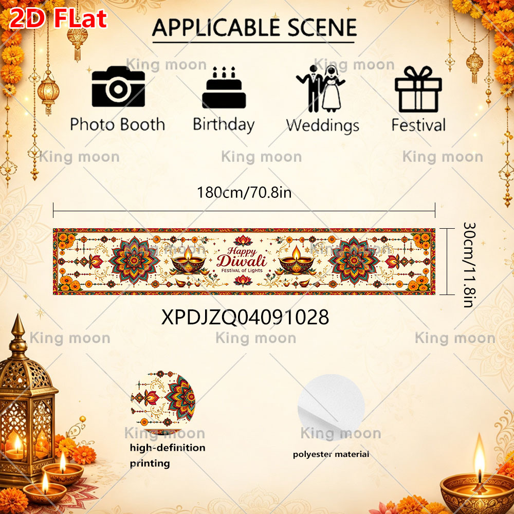 TEMU 2d Flat Banner 1pc, Diwali Party Decorative Table Runner, Polyester Material, 180x30cm, Cream Base, Large Mandala And Pairs Of Candles, Vintage