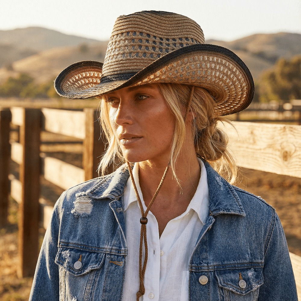 western cowboy strohhut, modischer breitkrempiger lochmuster-sonnenhut,  -stil reise-atmungsaktiver sonnenhut