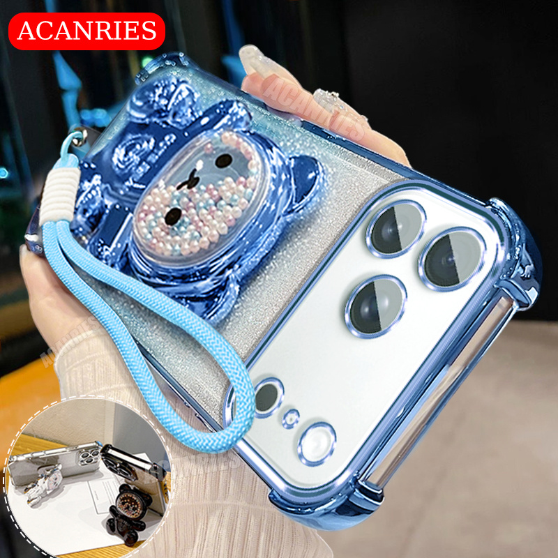 TEMU Phone Case: Acanries Cute Bead Bear Folding Bracket Minimalist Solid Color Lanyard Gradient Glitter Plating Phone Case For Iphone 17 Pro Max/ 17