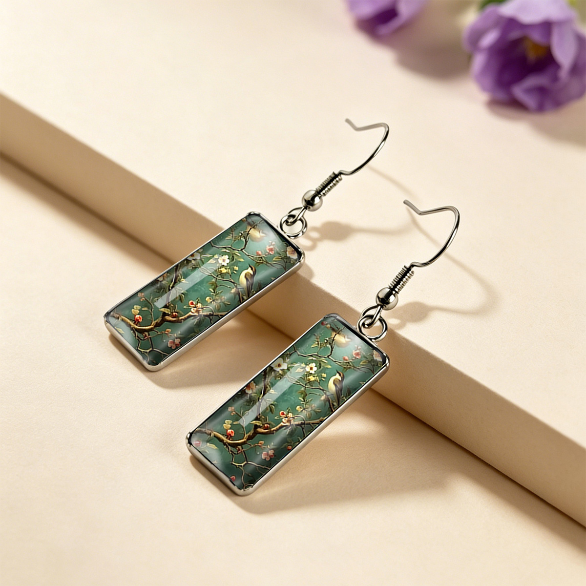 Vintage Floral & Bird-Themed Rectangular Stainless Steel Earrings