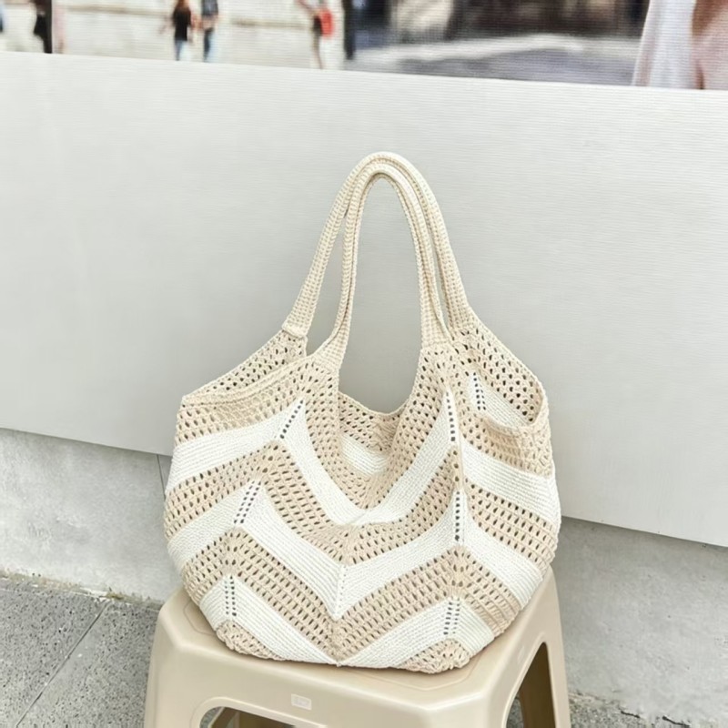 TEMU Handmade Crochet Chevron Pattern Tote Bag, Large Capacity Woven Shoulder Bag, Lightweight Summer Beach Bag For Women, Casual Handbag For Travel