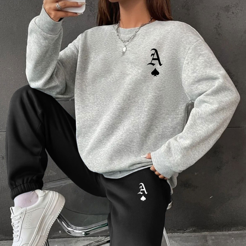 

1set Women's Pattern Ace Of Sweatshirt And Sweatpants Set - Long Sleeve, , Polyester , For /