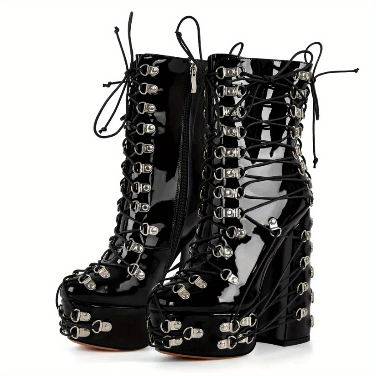 Tie Up Metal Black Thick High-heeled Platform Shoes