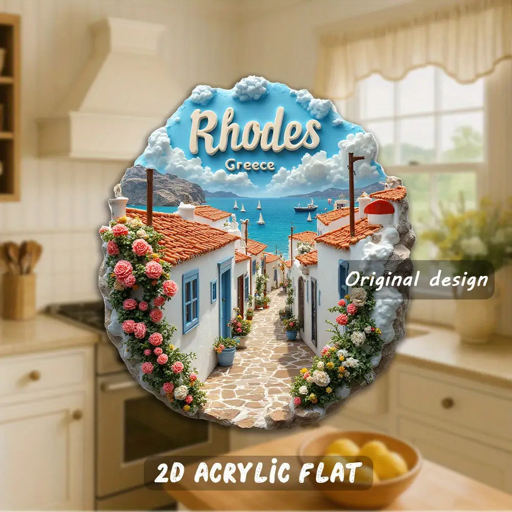 TEMU Een 2D platte acryl koelkastmagneet, met een afmeting van 8.0 cm, die de charmantere smalle scène van , Griekenland, weergeeft, met gebouwen en