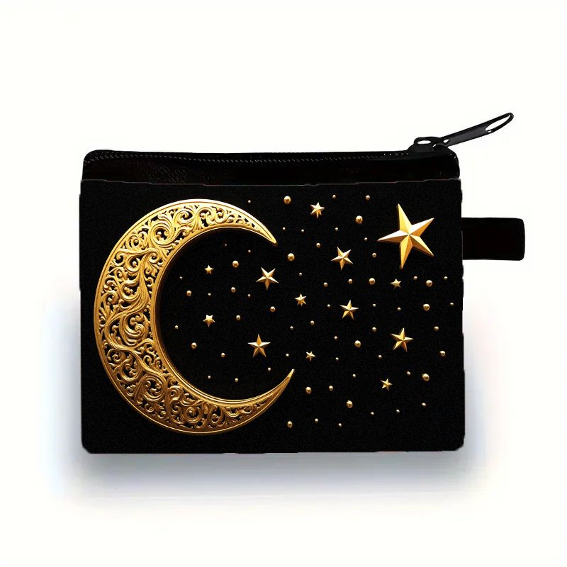 TEMU Elegant Celestial Women' Purse, Affordable Compact Portable Pouch Featuring Ornate Golden & Sparkling Stars On Black Background, Zippered Small