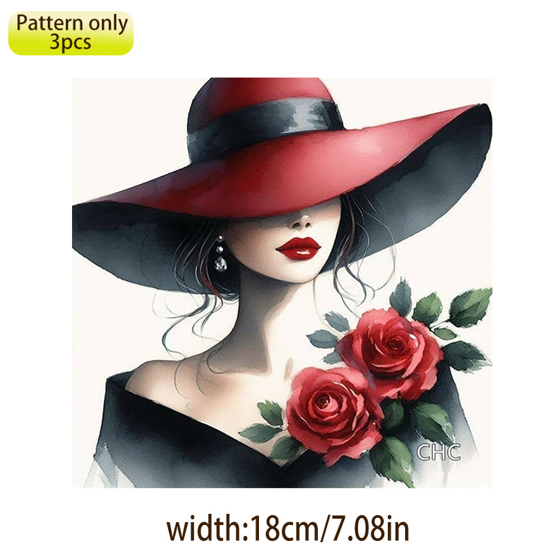 TEMU This 3pcs Set Of European And Women's Red Hat With Rose Pattern T-shirt Heat Transfer Stickers Allows You To Easily Create Your Own Prints,