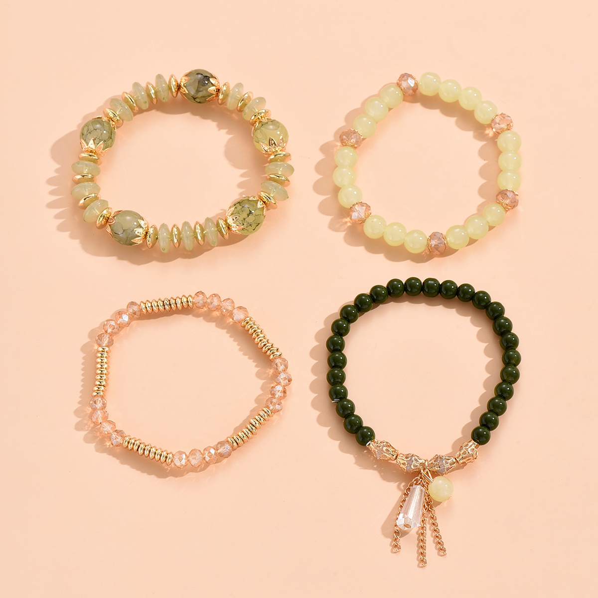 Image of 4pcs Tuurin Women's Bohemian Vintage Glass Bead Bracelet Set - Plated Stackable Stretch Beads, Suitable For Daily Wear, Parties, Vacation, Gift, Layering For Style