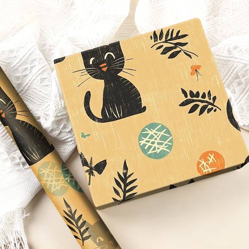 1 roll 50x300cm 19 7x118 1in sleek gift wrapping paper featuring cats and birds on a warm yellow background essential seasonal ornament festival atmosphere holiday decoration vibrant colors gift not included