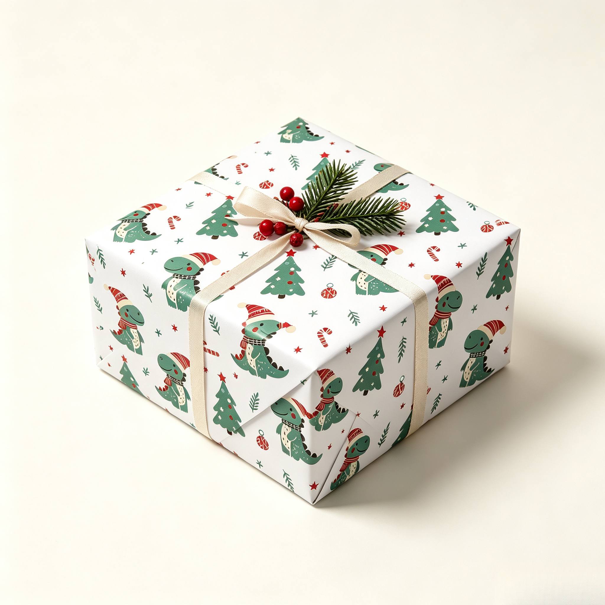 TEMU 1 Rolle 17x118 Zoll Weihnachtsgeschenkpapier-Rolle, weißer Hintergrund mit Winter-Dinosaurier-, Kiefern- Zuckerstangen-Druck, dekoratives