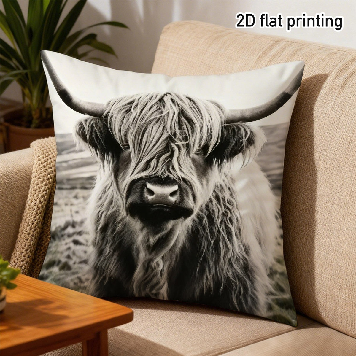 TEMU 1pc Highland Cow Throw Pillow Covers, Duplex Prints With Fluffy Face On , Fabric, Hidden Zipper Closure, Sofa Decor, Bedroom Accent, Living Room