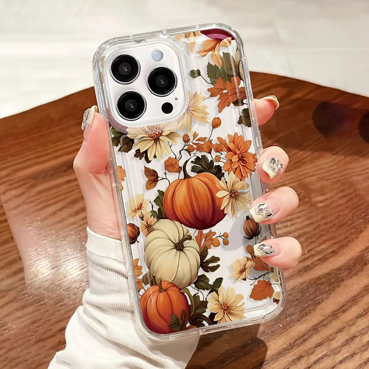 TEMU Phone Case: 1 Floral And Pumpkin Golden Autumn Farmhouse Pattern Transparent Full-body Tpu Phone Case Compatible With Iphone 17, 16, 15, 14, 13,