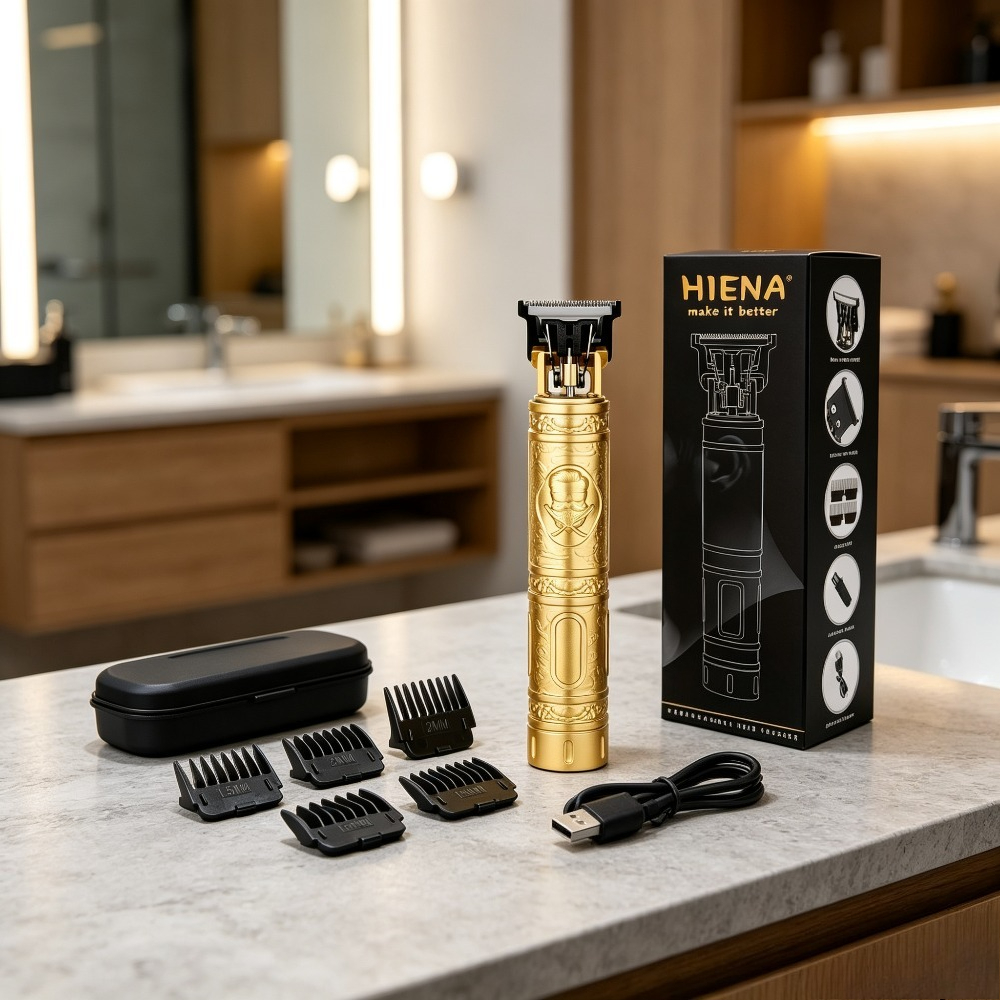 TEMU Men's Electric Hair Clipper Kit Golden Trimmer, Usb Rechargeable, Alloy , Lcd Display, Precision Sculpting, For Home Car Use