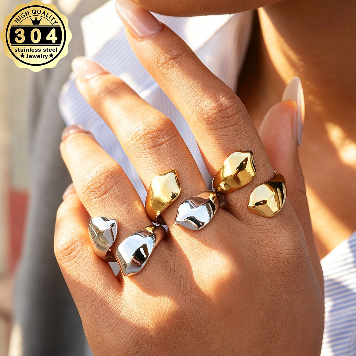 Women's Adjustable Open Geometric Ring, 18K Gold Plated
