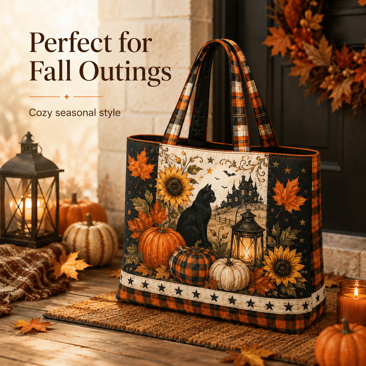 Image of 17*15 Inch Pumpkin Black Cat Print Large Tote Bag, Orange-brown With Pumpkin, Sunflower And Maple Leaf Print , Rich Autumn Halloween Atmosphere, Large Capacity Tote Bag Christmas Halloween Gift