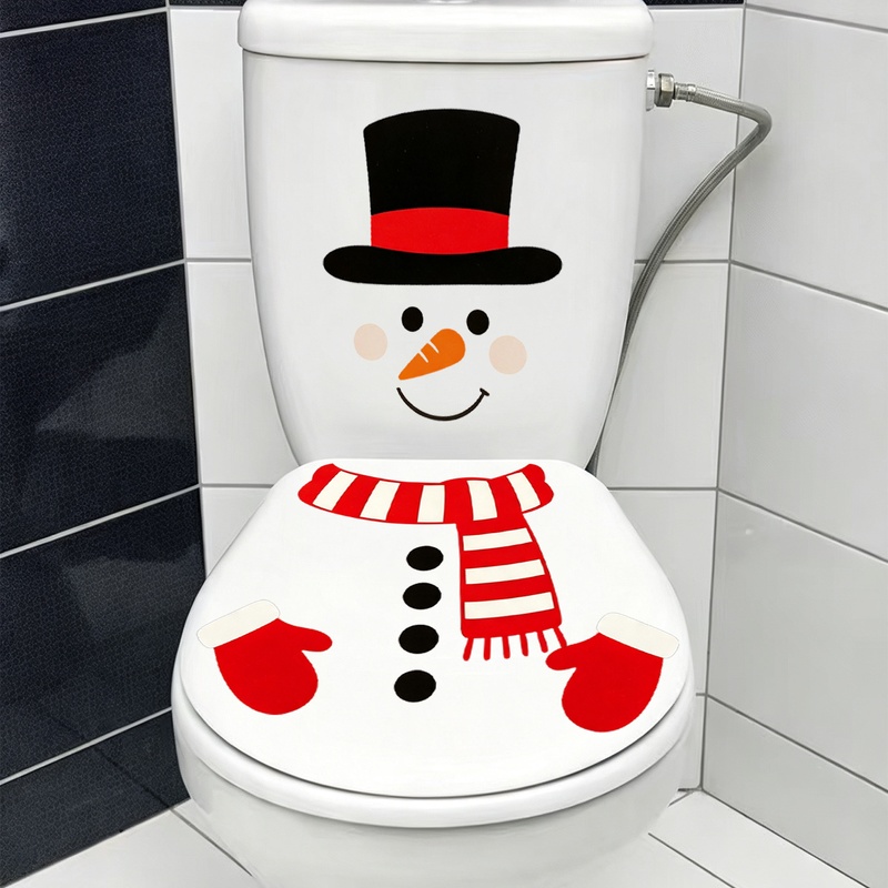 TEMU 1pc Christmas Gift Hat Snowman Toilet Sticker, Striped Scarf Red Gloves Snowman Background Wall Sticker, Christmas Holiday Wall Decoration