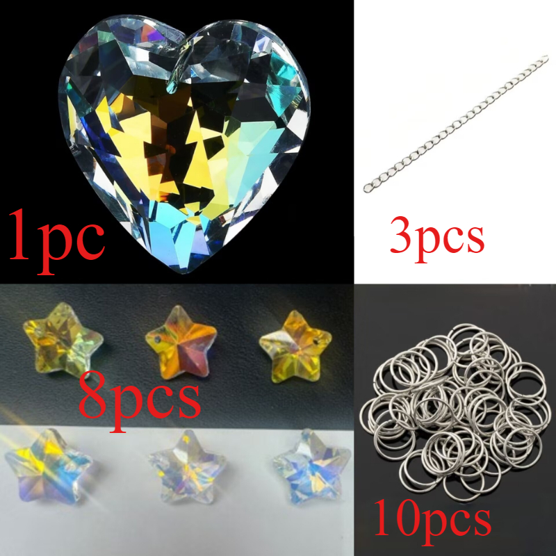 TEMU 22pcs Heart-shaped Ab Aurora Catcher Diy Set, Colored Crystal Beads, Silver Chain, Open Jump Ring, Handmade Colored Prism Window Decoration, Car