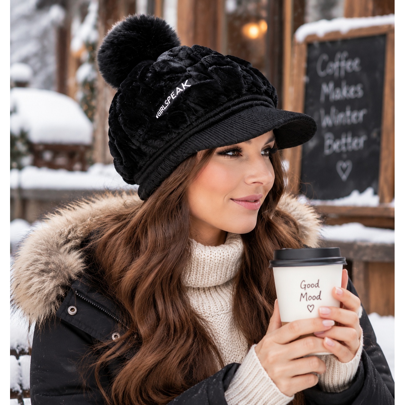TEMU 1pc Women's Elegant Plush Beret Hat 21*20*3cm, With Pom-pom And Brim - Thick Plush Lining For Extra ; Thick Fabric For , , Solid , Perfect For