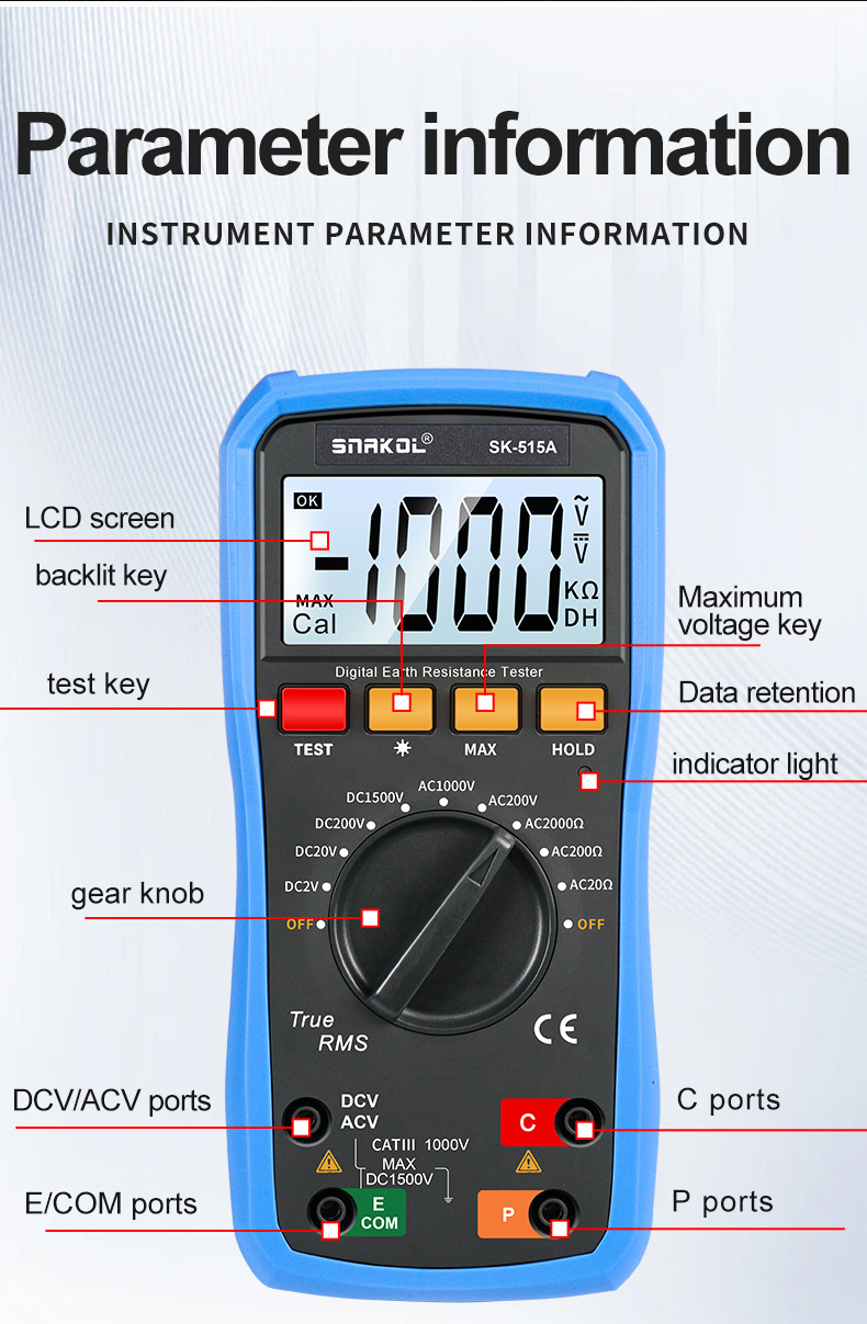 SNAKOL SK-515A Digital Earth Resistance Tester High Accuracy Measurement AC/ DC Voltage Detection Drop-proof Backlit Design