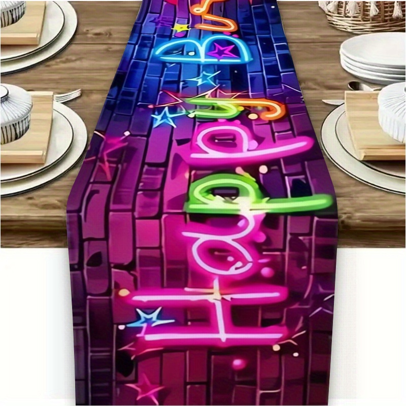 1pc Neon Glow Happy Birthday Table Runner | Perfect For Birthday Party Decoration, Family Dining Table, Adult Daily Use Tablecloth