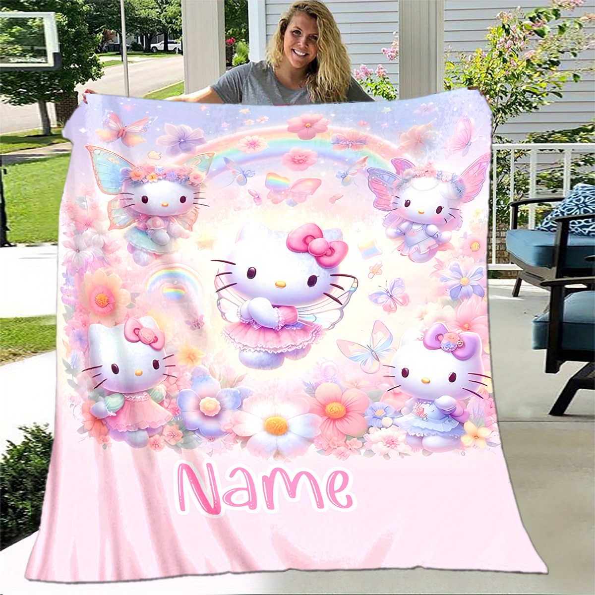 

Customized Name Hello Kitty Themed Flannel Blanket Personalized Soft And Warm Digital Printing Polyester Knitted Suitable For Napping Camping Travel Christmas Decoration Sofa Beds And Home Decor