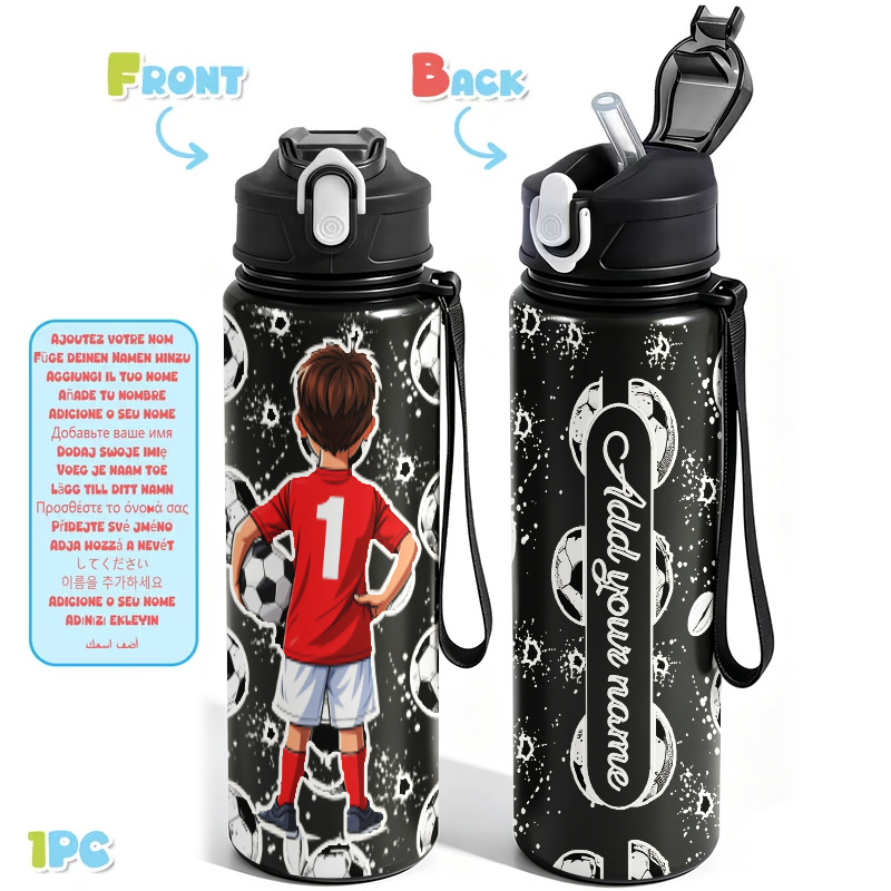 TEMU Custom Personalized Photo Image And Name Text Water Bottle 1pc 750ml 25oz Leakproof Sports Water Bottle Cup Back View Of A In Jersey, Surrounded