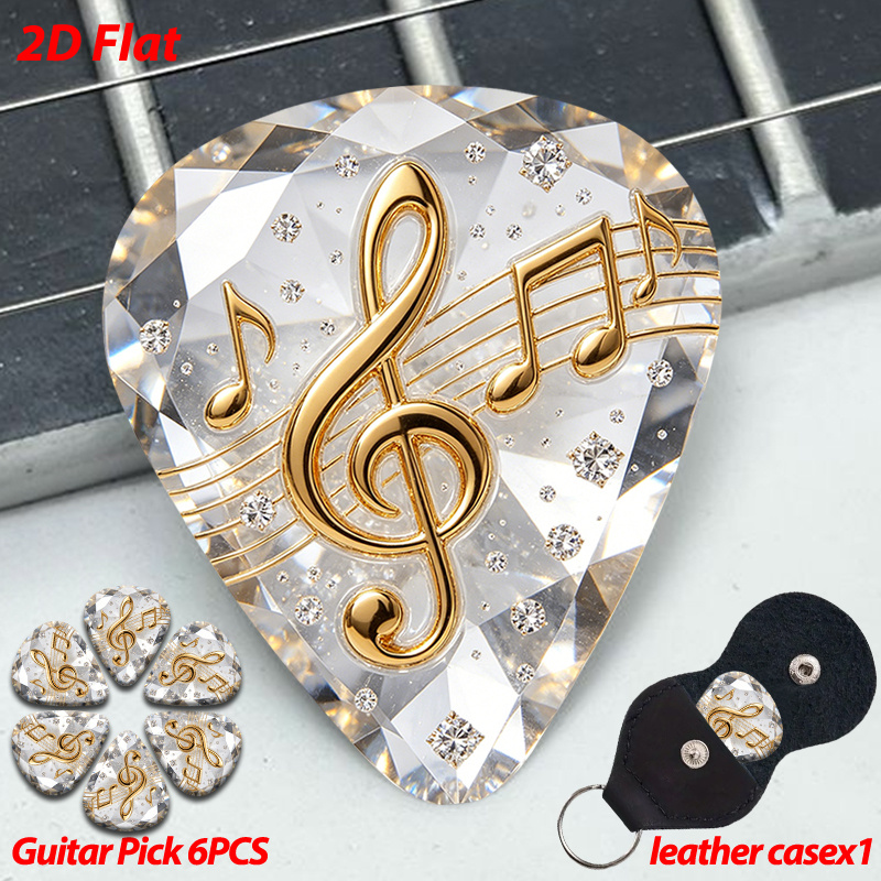 TEMU 2D Plat 6pcs Médiators Guitare Ensemble de Médiators avec Notes de Musique Dorées Parfaites Clé de Do Effet Diamant pour Guitaristes et