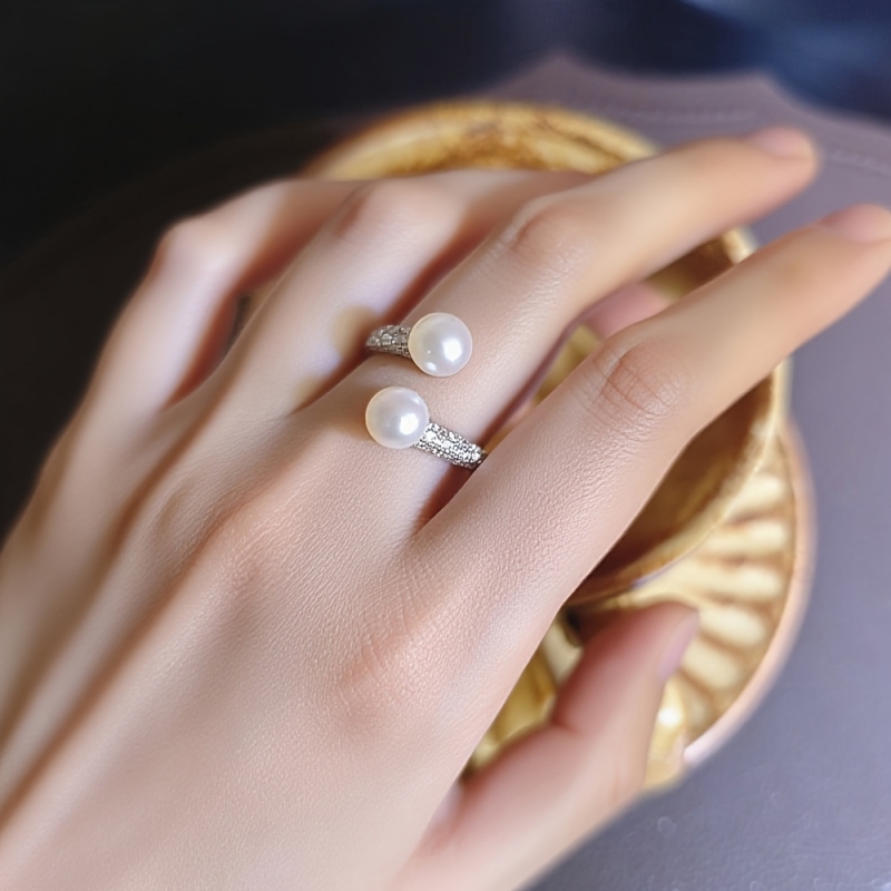 Exquisite Adjustable Zirconia & Pearl Open Ring for Women