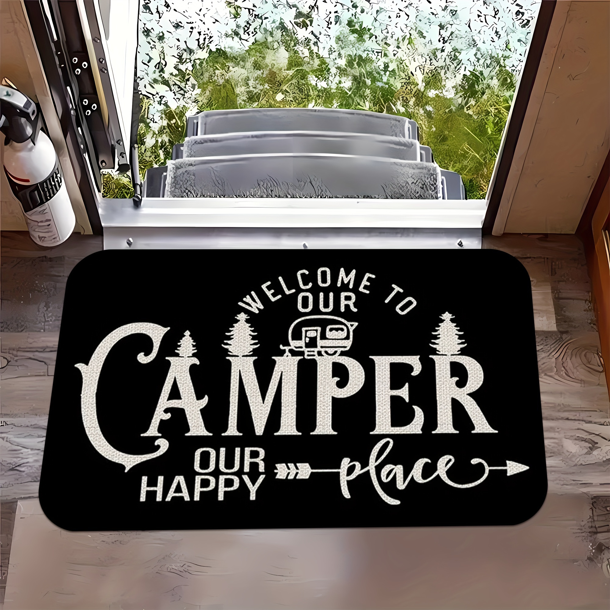 TEMU Camper Willkommensmatte - Maschinenwaschbarer Rutschfester Türmatte mit "WELCOME to OUR CAMPER PLACE"-Design, strapazierfähiges Polyester für