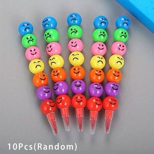 10pcs Color Crayons Cartoon Joyful Face Candy Gourd Pen Children Students Painting Stationery School Office Supplies for School Stationery Birthday Event Christmas Halloween Gifts Party Game Supplies (Random)