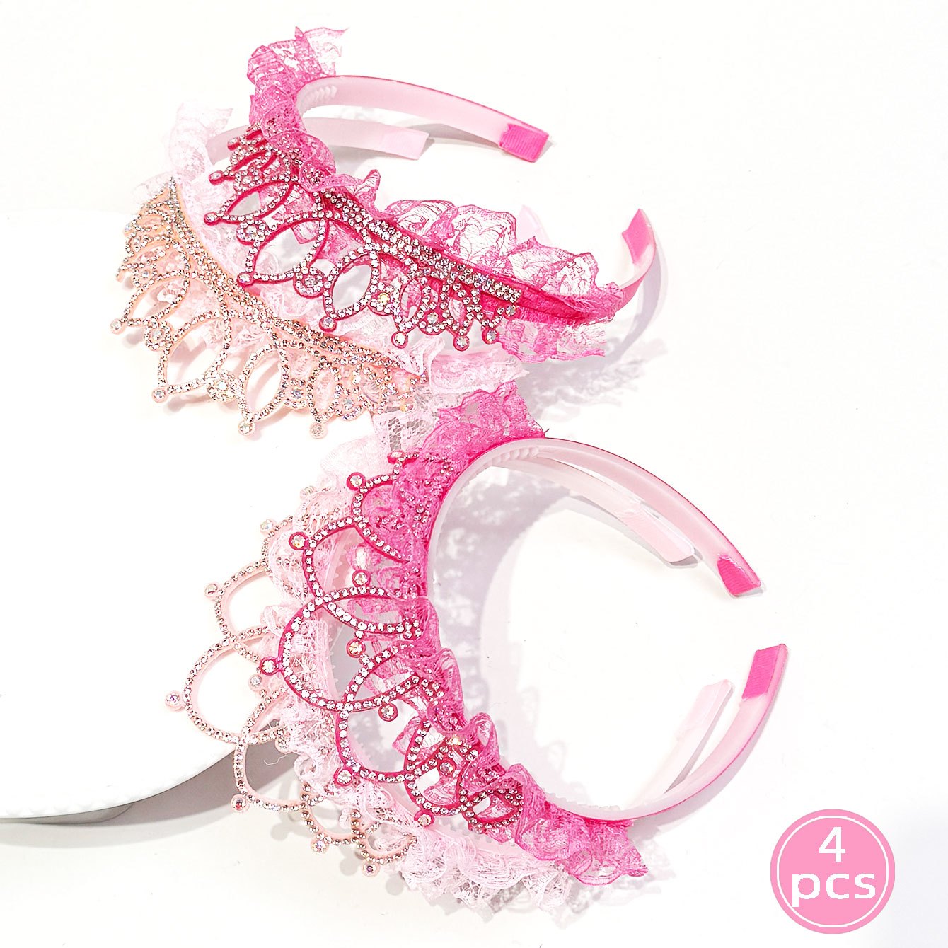 1/2/4 Pink Lace Rhinestone 3d Crown Headband Hair Additions