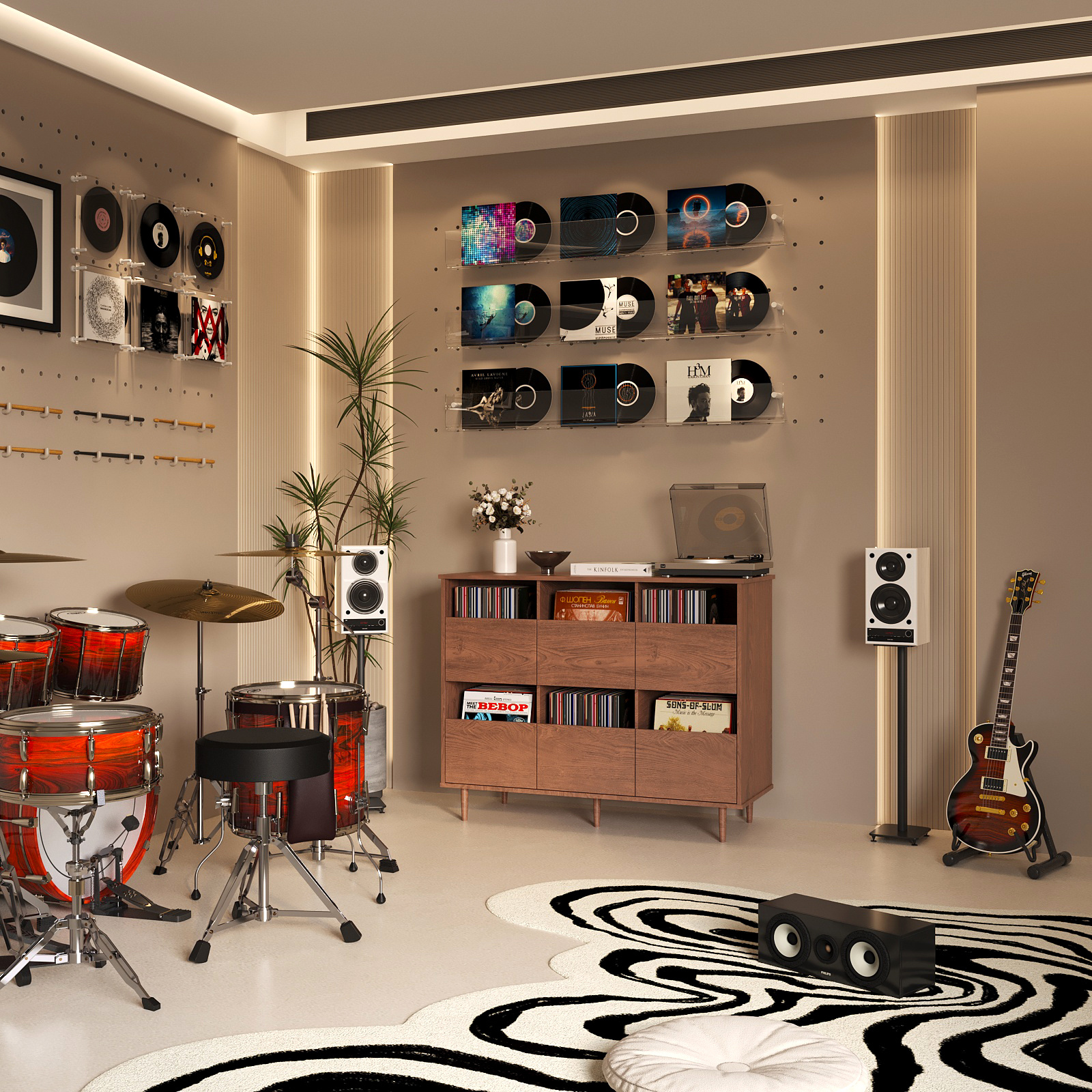 Image of 1pc Entertainment Cabinet Vinyl Record Storage Cabinet Record Player Stand 6 Drawer Wooden Storage Unit Large Capacity Organizer Display Cabinet To 300 Records For Living Room