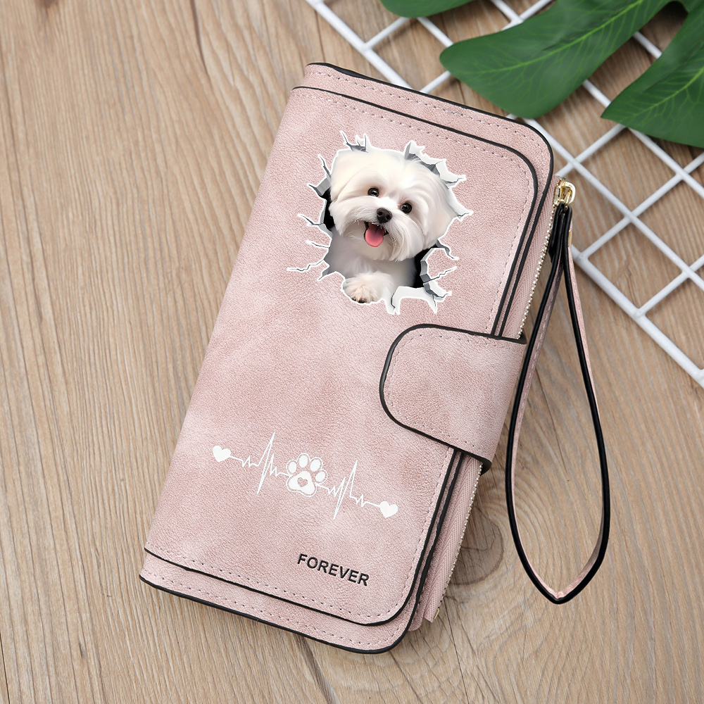 TEMU Cute White Maltese Puppy With Heart Paw Print Design Women's Wallet, Vintage Multi-zipper Compartment Wallet With Credit Card Holder And Secure