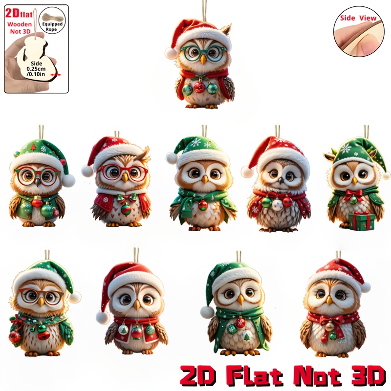TEMU 2d Flat - A Set Of 10 Wooden Owl Decorations In A 2d Design, Featuring Christmas Hats And Glasses, Perfect For Decorative Settings. Festive