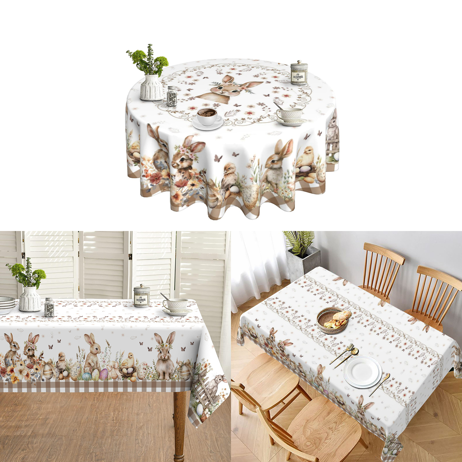 

1pc Easter Spring Polyester Tablecloth - Round, Wrinkle-resistant With Rabbit, Egg, Chick & On - Ideal For Party, Picnic & Dinner Decor